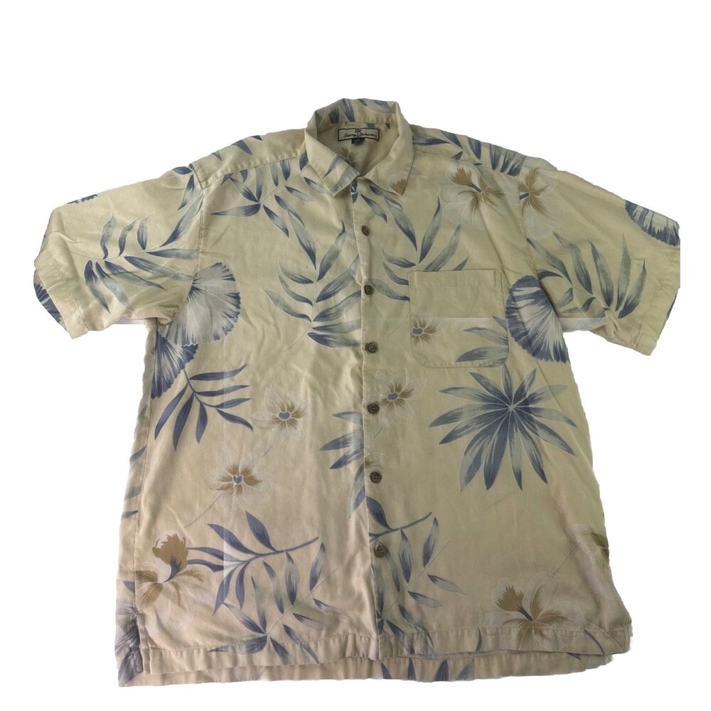 Banana Cabana Shirt Mens XL Yellow Blue Floral 100% Silk Short Sleeve Button Up